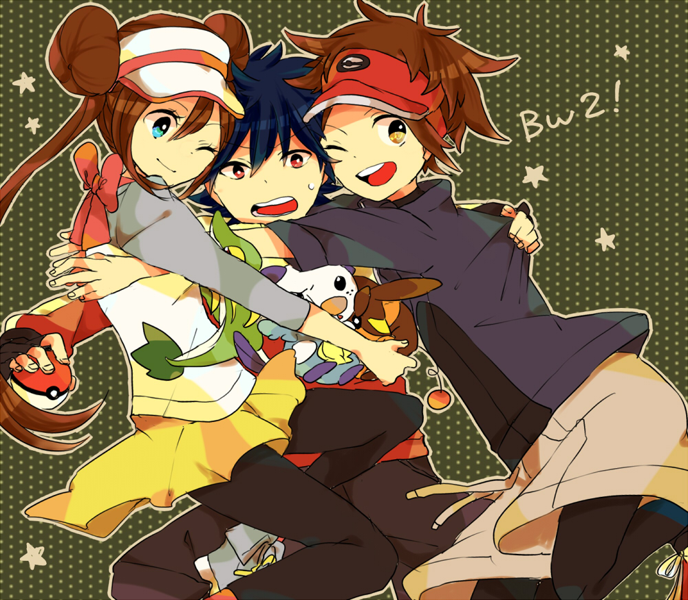 10s, 1girl, 2boys, bad_id, bad_pixiv_id, black_hair, blue_eyes, bow, brown_hair, copyright_name, donut_hair_bun, double_bun, gen_5_pokemon, hair_bun, holding, holding_poke_ball, hug, hugh_(pokemon), jacket, kitchenset, leggings, leggings_under_shorts, long_hair, multiple_boys, nate_(pokemon), nintendo, one_eye_closed, oshawott, pantyhose, poke_ball, pokemon, pokemon_(creature), pokemon_black_2_and_white_2, polka_dot, polka_dot_background, raglan_sleeves, red_eyes, rosa_(pokemon), short_hair, shorts, smile, snivy, starter_pokemon_trio, tepig, twintails, visor_cap, yellow_eyes