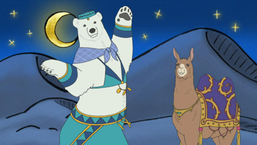 animated, animated_gif, bear, belly_dancer, camel, crescent_moon, dancing, desert, llama, lowres, moon, night, no_humans, polar_bear, sand, shirokuma_(shirokuma_cafe), shirokuma_cafe, star_(symbol), what