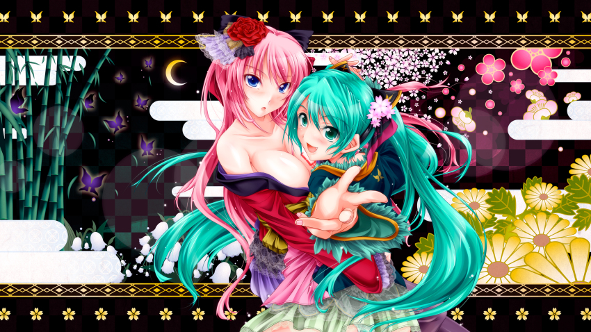 2girls, :d, :o, aqua_eyes, aqua_hair, bamboo, bare_shoulders, blue_eyes