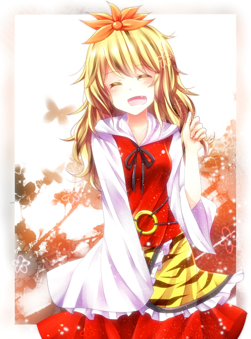 1girl, alternate_hair_length, alternate_hairstyle, animal_print, blonde_hair, closed_eyes, daradara1999, fang, female_focus, hair_ornament, highres, holding, holding_own_hair, kuga_huna, laughing, long_hair, long_sleeves, multicolored_hair, short_hair, sleeves_past_wrists, smile, solo, tiger_print, toramaru_shou, touhou, two-tone_hair, wide_sleeves