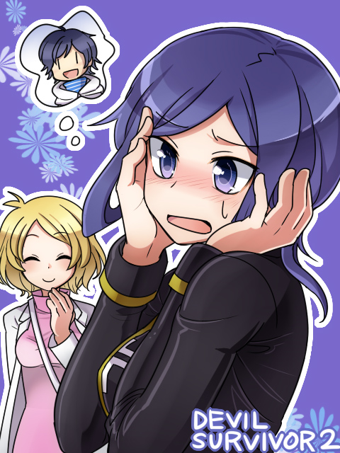 10s, 1boy, 2girls, bad_id, bad_pixiv_id, blonde_hair, blue_eyes, blue_hair, blush, closed_eyes, devil_survivor_(series), devil_survivor_2, kuze_hibiki, multiple_girls, protagonist_(devil_survivor_2), sako_makoto, short_hair, smile, sweatdrop, yabu_(yb8548), yanagiya_otome