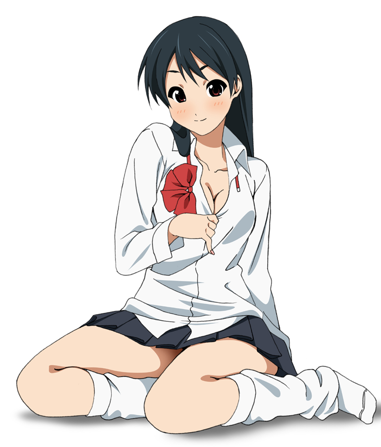 1girl, akane_(fukuoka_katsumi), black_hair, female_focus, fukuoka_katsumi, long_hair, open_clothes, open_shirt, original, red_eyes, school_uniform, shirt, socks, solo