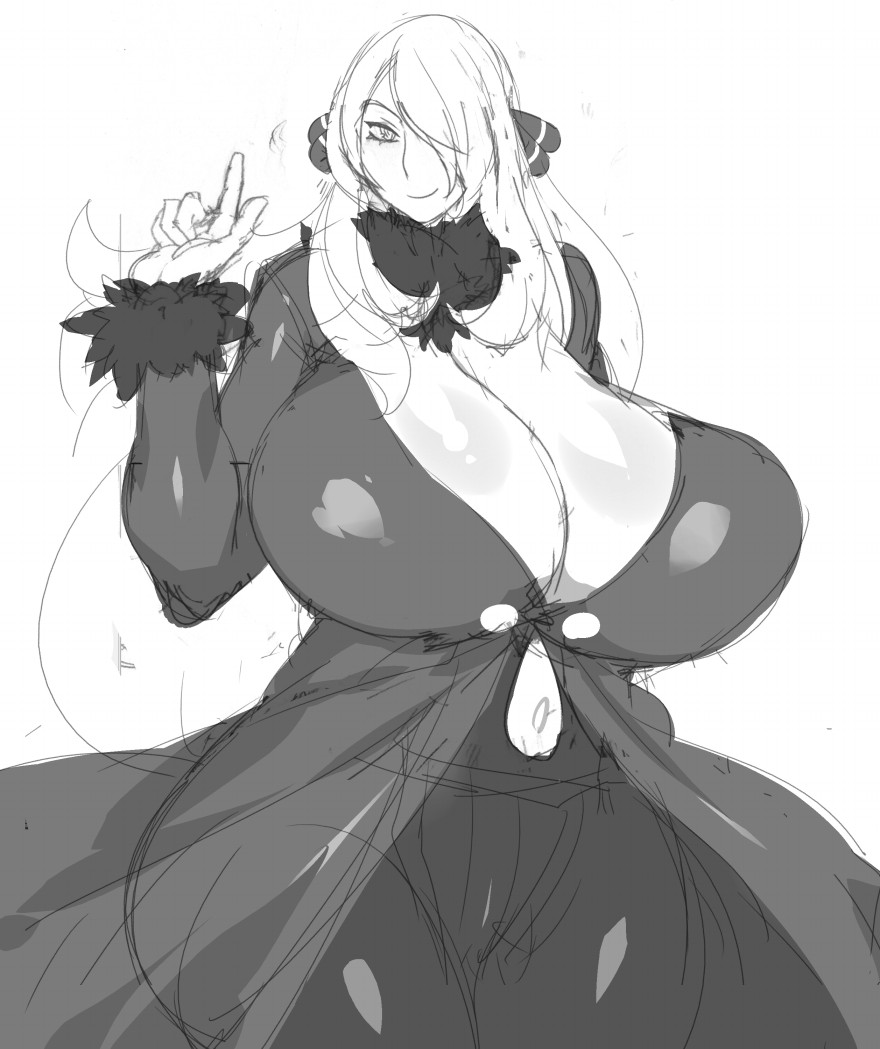 1girl, breasts, cleavage, cynthia_(pokemon), female_focus, gigantic_breasts, hair_over_one_eye, hip_focus, kokuko_(tsukiyotake), nintendo, pokemon, solo, wide_hips