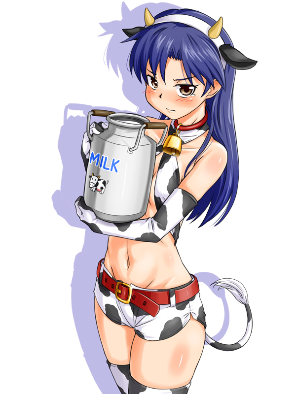 1girl, animal_ears, animal_print, bell, belt, blue_hair, breasts, collar, cosplay, cow, cow_ears, cow_horns, cow_print, cow_tail, cowbell, elbow_gloves, embarrassed, female_focus, gloves, holding, horns, idolmaster, idolmaster_(classic), idolmaster_cinderella_girls, kisaragi_chihaya, long_hair, midriff, milk, navel, neck_bell, oikawa_shizuku, oikawa_shizuku_(cosplay), punto, short_shorts, shorts, small_breasts, solo, tail, tears, thighhighs