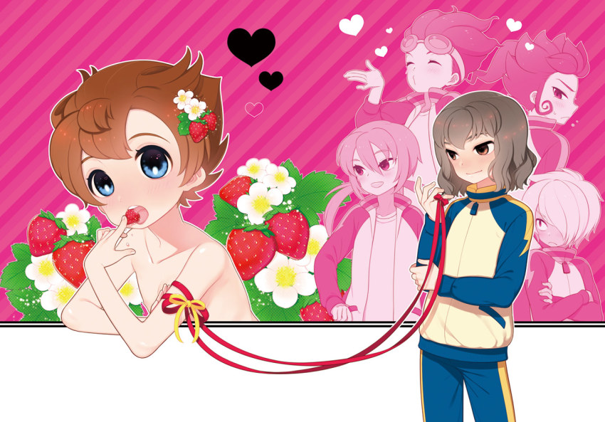 6+boys, androgynous, blush, brown_eyes, brown_hair, eating, flower, food