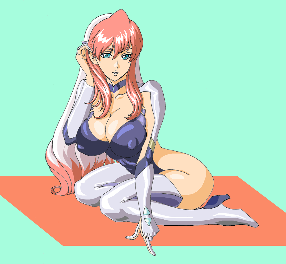 1girl, ass, birdy_cephon_altera, bodysuit, breasts, cleavage, covered_erect_nipples, female_focus, ghost_(mausuman34), gloves, green_eyes, hand_in_own_hair, high_heels, large_breasts, legs, looking_at_viewer, pink_hair, shoes, sitting, solo, tetsuwan_birdy, thighs, wariza, white_hair