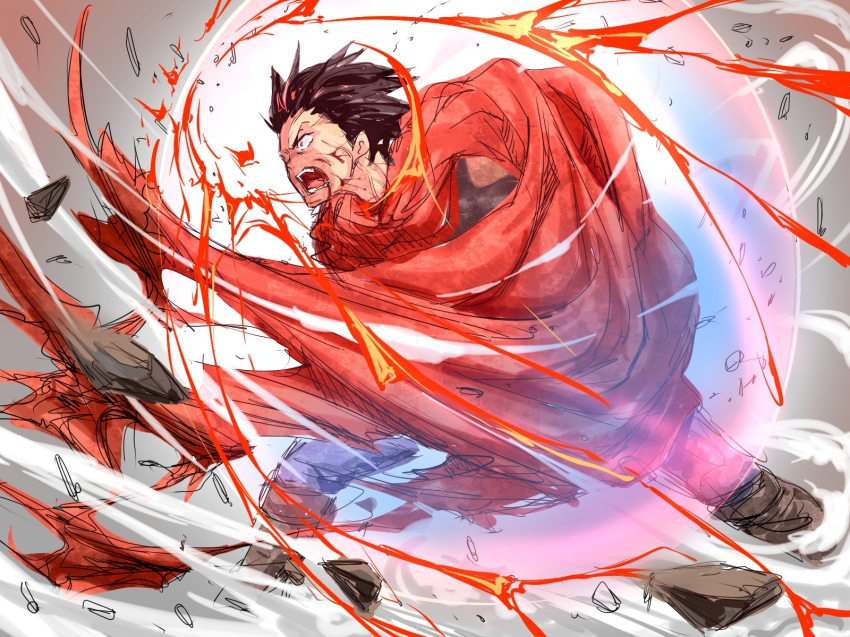 1980s_(style), 1boy, akira_(manga), black_hair, blood, boots, cape, cyberpunk