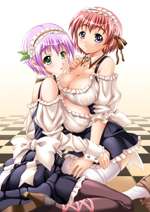 2girls, blue_eyes, blush, bow, breasts, brown_legwear, checkered_floor, choker