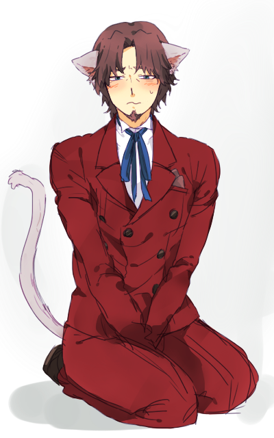 1boy, animal_ears, blue_eyes, blush, brown_hair, cat_boy, cat_ears, cat_tail, facial_hair, fate/zero, fate_(series), formal_clothes, goatee, kemonomimi_mode, kneeling, male_focus, riroushun, sitting, solo, suit, tail, tohsaka_tokiomi