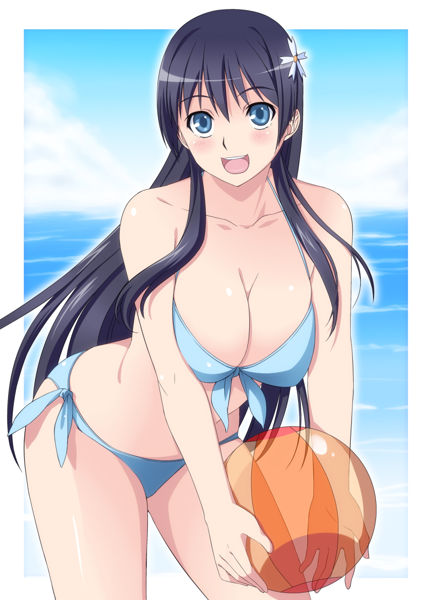 1girl, aged_up, alternate_breast_size_(larger), ball, beachball, bikini, black_hair, blue_bikini, blue_eyes, breasts, cleavage, female_focus, flower, hair_flower, hair_ornament, hanging_breasts, highres, kisaragi_yuki, large_breasts, long_hair, open_mouth, saten_ruiko, solo, swimsuit, toaru_kagaku_no_railgun, toaru_majutsu_no_index