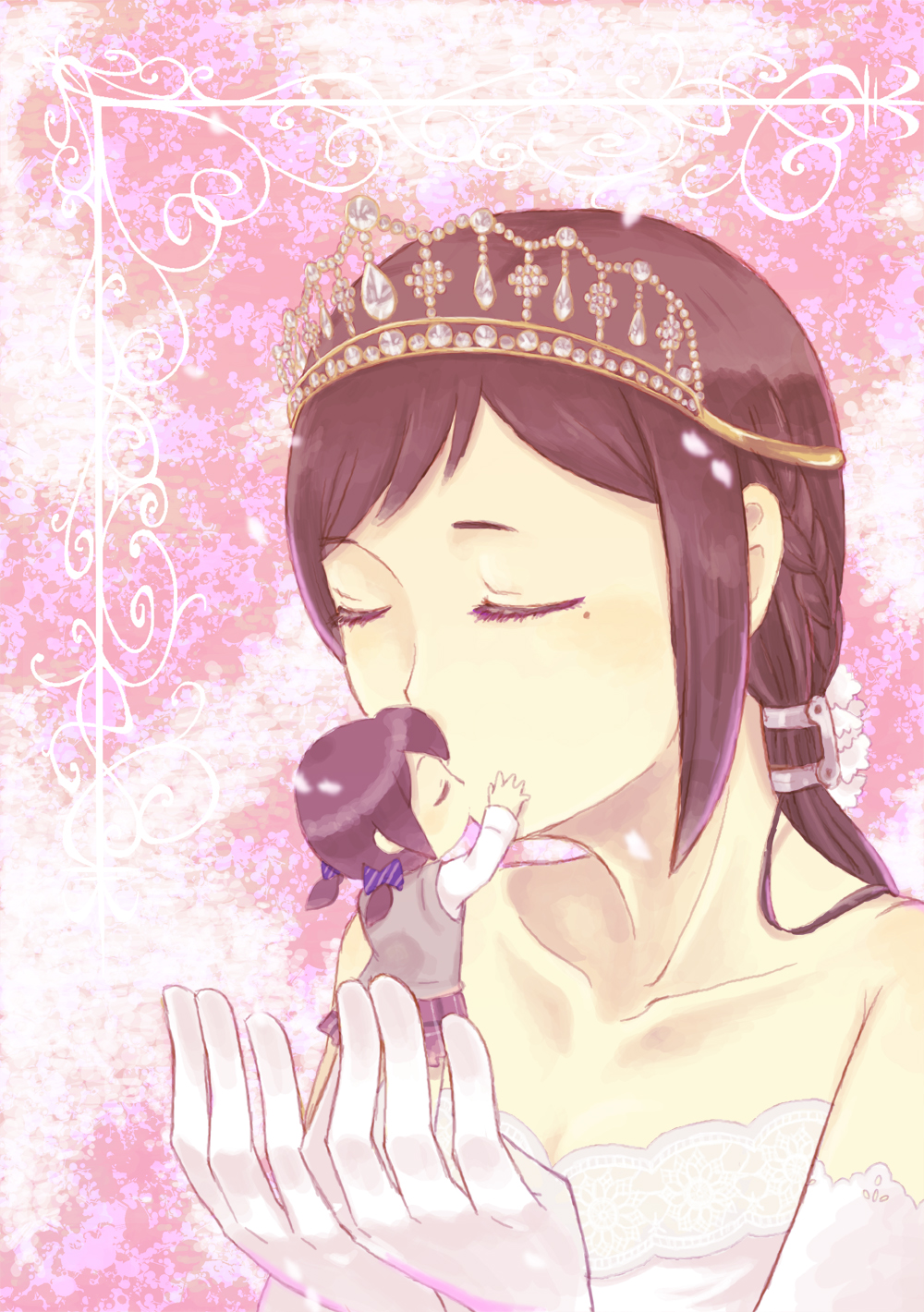 2girls, aihara_miki, bad_id, bad_pixiv_id, braid, brown_hair, closed_eyes, elbow_gloves, gloves, highres, holding, kiss, kzkr, maki_seina, mini_person, minigirl, mole, multiple_girls, okujou_no_yurirei-san, size_difference, tiara, yuri