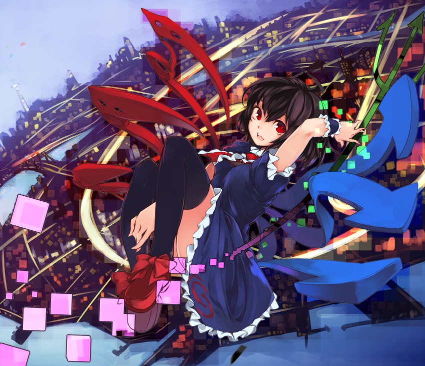 1girl, ahoge, asymmetrical_wings, black_hair, black_thighhighs, bow, dress, female_focus