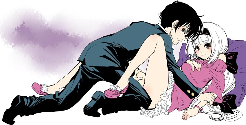 00s, 1boy, 1girl, ajimu_najimi, alternate_costume, black_hair, bracelet, hair_ribbon