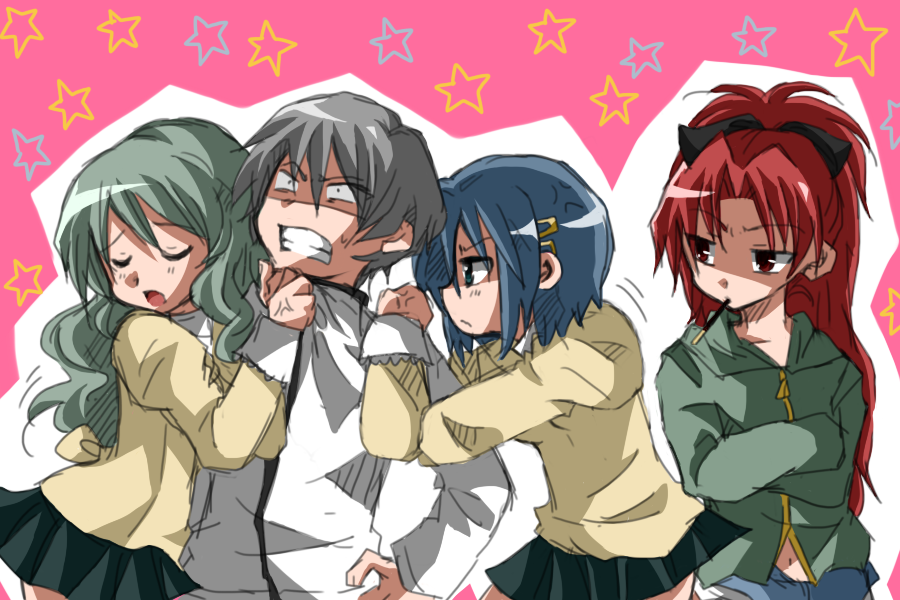 10s, 1boy, 3girls, anger_vein, angry, battle, clenched_teeth, closed_eyes, crossed_arms, food, jealous, kamijou_kyousuke, long_hair, mahou_shoujo_madoka_magica, mahou_shoujo_madoka_magica_(anime), maru_(092102040413), miki_sayaka, multiple_girls, pocky, sakura_kyoko, school_uniform, shizuki_hitomi, short_hair, skirt, star_(symbol), teeth