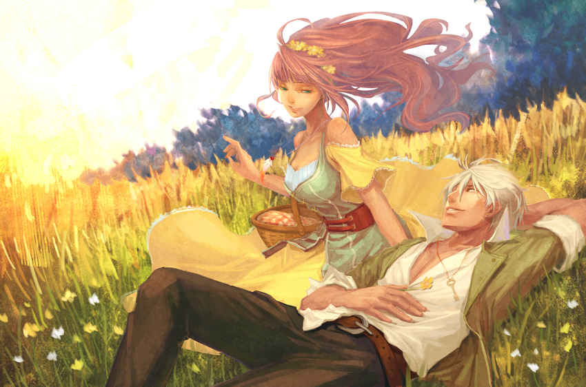 1boy, 1girl, aqua_eyes, bare_shoulders, basket, field, flower, flower_wreath