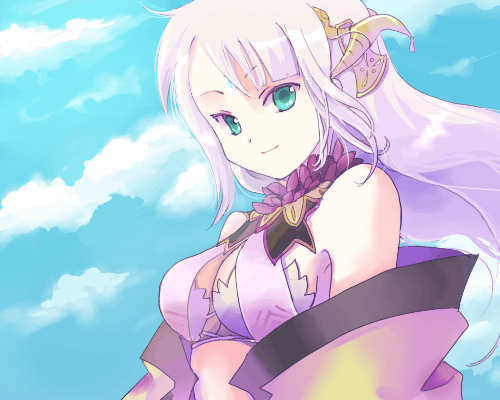 1girl, aqua_eyes, bare_shoulders, breasts, cloud, inaruna, long_hair, lowres