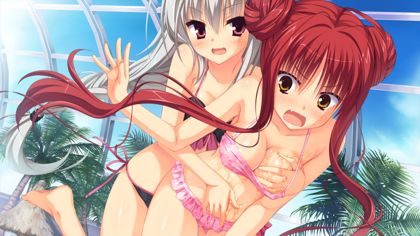 2girls, barefoot, bikini, breasts, cleavage, dracu-riot!, elena_olegovna_owen, fang, feet, game_cg, grabbing_another's_breast, groping, kobuichi, multiple_girls, red_eyes, red_hair, side-tie_bikini_bottom, swimsuit, white_hair, yarai_miu, yellow_eyes, yuri