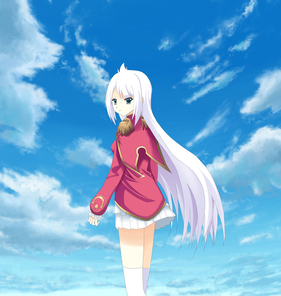 1girl, blue_eyes, cloud, inaruna, long_hair, luminous_arc, luminous_arc_3, skirt