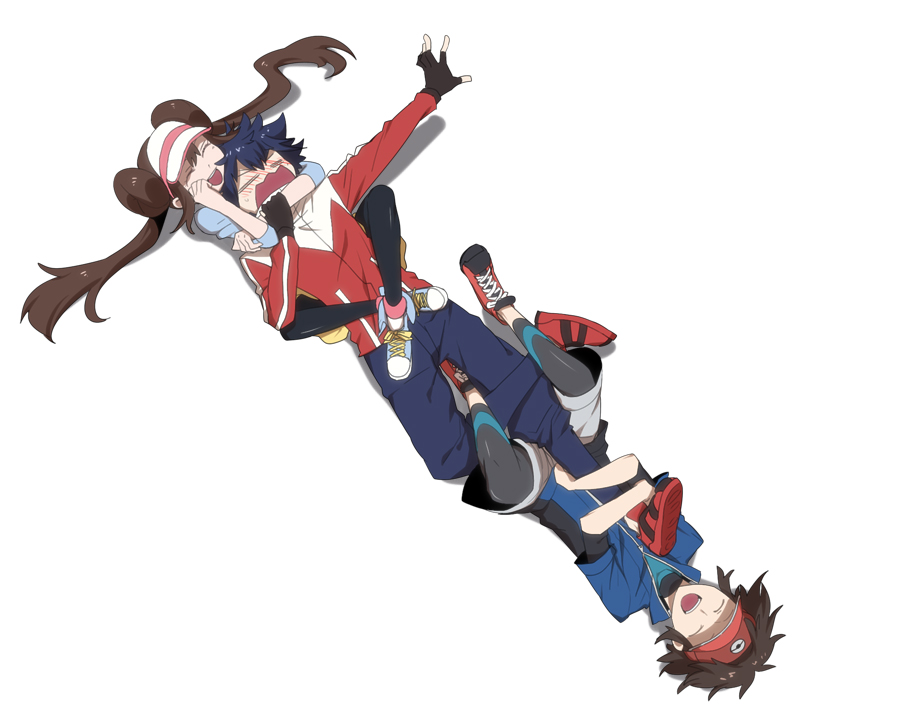 10s, 1girl, 2boys, bad_id, bad_pixiv_id, black_hair, black_leggings, black_pantyhose, blush, brown_hair, choke_hold, donut_hair_bun, double_bun, fingerless_gloves, gloves, hair_bun, hugh_(pokemon), jacket, laughing, leg_lock, leggings, long_hair, multiple_boys, nate_(pokemon), nintendo, open_mouth, pantyhose, pokemon, pokemon_black_2_and_white_2, raglan_sleeves, rosa_(pokemon), ruyow_(michinaga_kazuki), shoes, short_hair, simple_background, sneakers, strangling, twintails, visor_cap, wrestling