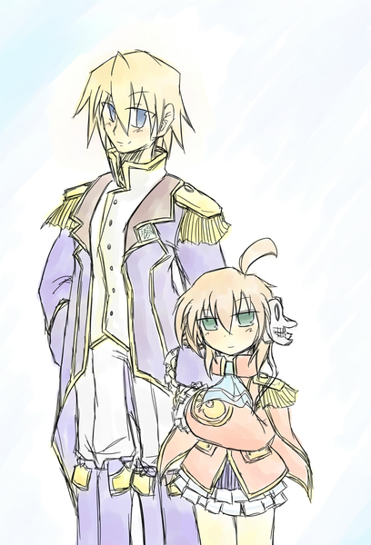 1boy, 1girl, age_difference, ahoge, blonde_hair, blue_eyes, brown_hair, coat