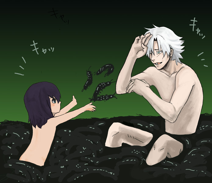 1boy, 1girl, child, crest_worm, fate/zero, fate_(series), hair_ribbon, matou_kariya, matou_sakura, matou_sakura_(fate/zero), natsu_yasai, nude, purple_eyes, purple_hair, ribbon, short_hair, uncle_and_niece, white_hair, worm