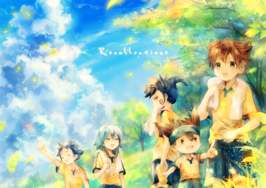 5boys, bad_id, bad_pixiv_id, blue_eyes, blue_hair, blue_sky, bottle, brown_eyes