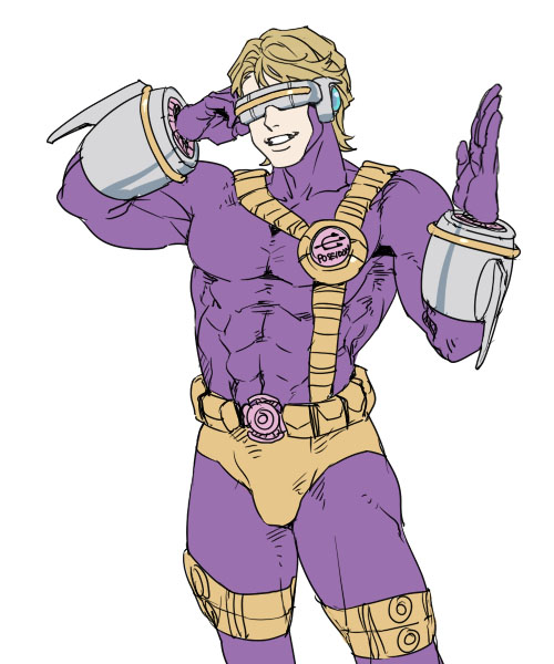 1boy, blonde_hair, bodysuit, cosplay, cyclops_(x-men), cyclops_(x-men)_(cosplay), male_focus, mamemo_(daifuku_mame)