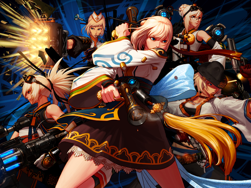 00s, 5girls, blonde_hair, blue_eyes, dress, dual_wielding, dungeon_and_fighter, female_gunner_(dungeon_and_fighter)