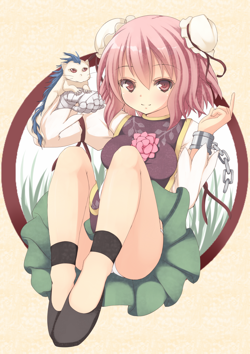 1girl, animal, breasts, censored, convenient_censoring, cuffs, double_bun, dress