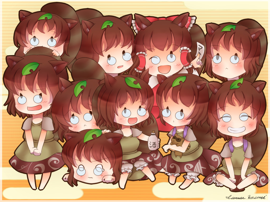 6+girls, animal_ears, bad_id, bad_pixiv_id, bottle, brown_eyes, brown_hair, cosplay