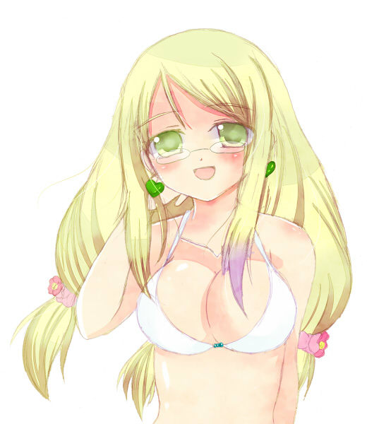 1girl, bare_shoulders, bikini, blonde_hair, breasts, cleavage, earrings, glasses
