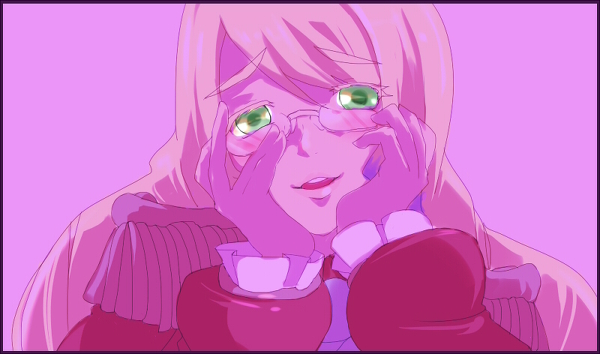 1girl, blonde_hair, blush, frills, glasses, green_eyes, luminous_arc, luminous_arc_3