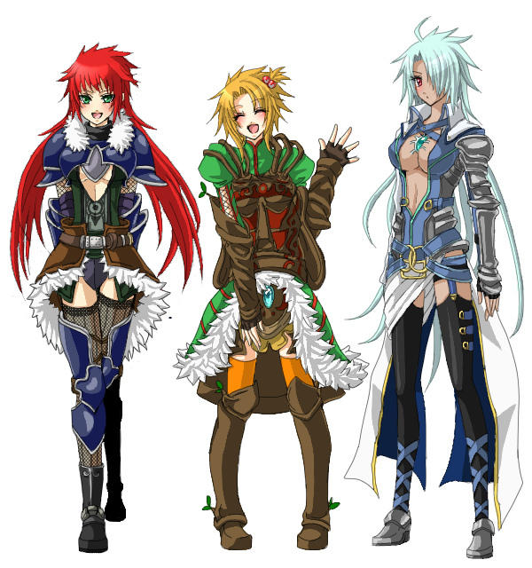 3girls, armor, blonde_hair, blue_hair, breasts, dark-skinned_female, dark_skin, dhino, closed_eyes, gender_request, genderswap, green_eyes, haine_(luminous_arc), long_hair, luminous_arc, luminous_arc_2, luminous_arc_3, multiple_girls, rasche, red_eyes, red_hair, short_hair, thighhighs