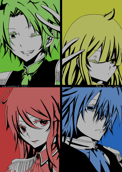 2boys, 2girls, ashley_(luminous_arc), blue_theme, dhino, green_theme, haine_(luminous_arc), hair_over_one_eye
