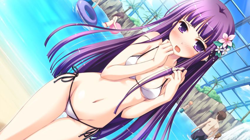 3boys, 3girls, bare_shoulders, bikini, blush, dutch_angle, flower, game_cg, hair_flower, hair_ornament, iro_ni_ide_ni_keri_waga_koi_wa, ko~cha, long_hair, multiple_boys, multiple_girls, navel, open_mouth, purple_eyes, purple_hair, shiny_skin, side-tie_bikini_bottom, solo_focus, swimsuit, tenjou_kikyou, thigh_gap, very_long_hair