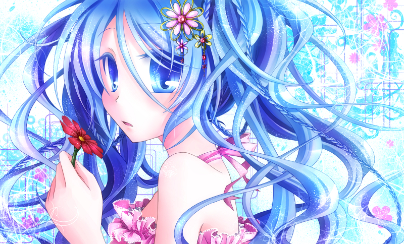 1girl, bare_shoulders, blue_eyes, blue_hair, female_focus, flower, haruhi_ayame, hatsune_miku
