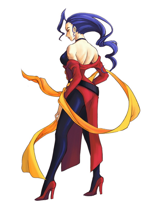 1990s_(style), 1girl, ahoge, ayase1124, back, bare_shoulders, breasts, capcom, clothing_cutout, female_focus, hagoromo, hair_slicked_back, halterneck, high_heels, long_hair, long_legs, off_shoulder, pantyhose, purple_hair, retro_artstyle, rose_(street_fighter), scarf, shawl, shoes, shoulder_cutout, side_slit, single_hair_intake, small_breasts, solo, street_fighter, street_fighter_zero_(series)