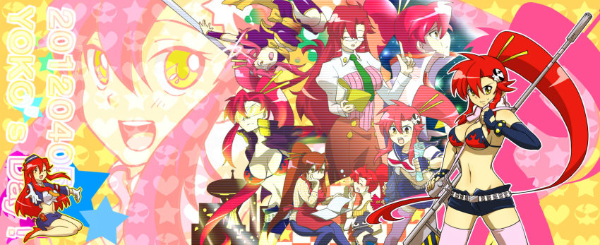 00s, 6+girls, alternate_costume, alternate_hairstyle, anti-materiel_rifle, apron, bikini, bikini_top_only, book, crop_top, garrison_cap, glasses, gloves, gun, hair_down, hair_ornament, hat, highres, jacket, long_image, midriff, multiple_girls, multiple_persona, navel, necktie, one_eye_closed, pieces_of_sweet_stars, ponytail, rifle, rinako, school_uniform, serafuku, short_shorts, shorts, sniper_rifle, sunglasses, swimsuit, tears, tengen_toppa_gurren_lagann, tengen_toppa_gurren_lagann:_parallel_works, thighhighs, weapon, wide_image, wink, yellow_eyes, yoko_littner, yomako