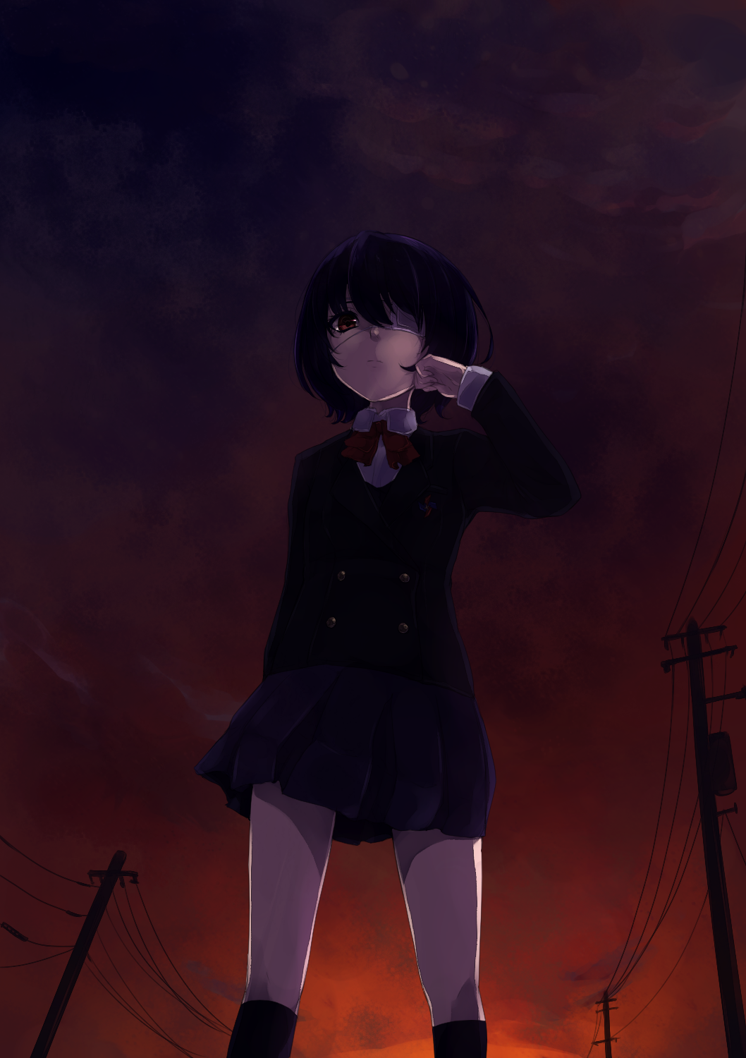 10s, 1girl, another, black_hair, black_socks, cloud, cloudy_sky, dark, eyepatch, female_focus, hand_on_own_face, highres, kneehighs, misaki_mei, pleated_skirt, power_lines, red_eyes, red_sky, school_uniform, skirt, sky, socks, solo, standing, sunset, utility_pole, warabe_(wasawasawasan)