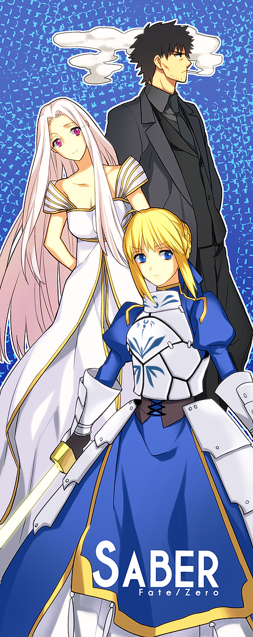 1boy, 2girls, ahoge, armor, armored_dress, artoria_pendragon_(fate), bad_id, bad_pixiv_id