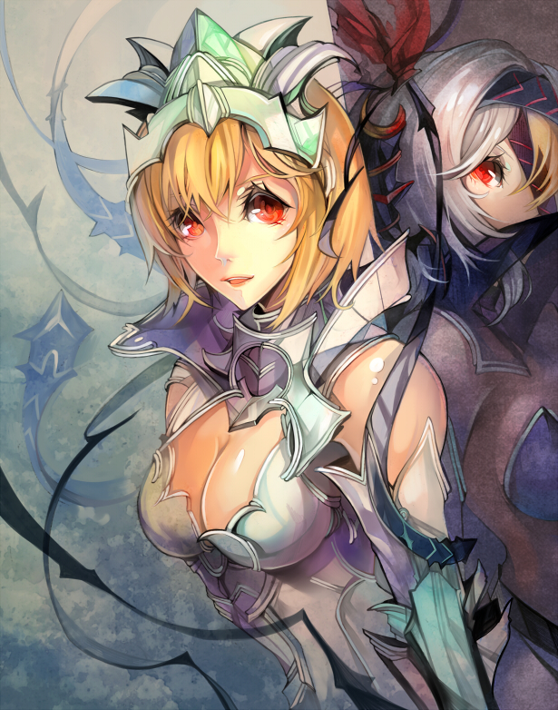 1girl, armor, bad_id, bad_pixiv_id, bare_shoulders, blonde_hair, breasts, cleavage