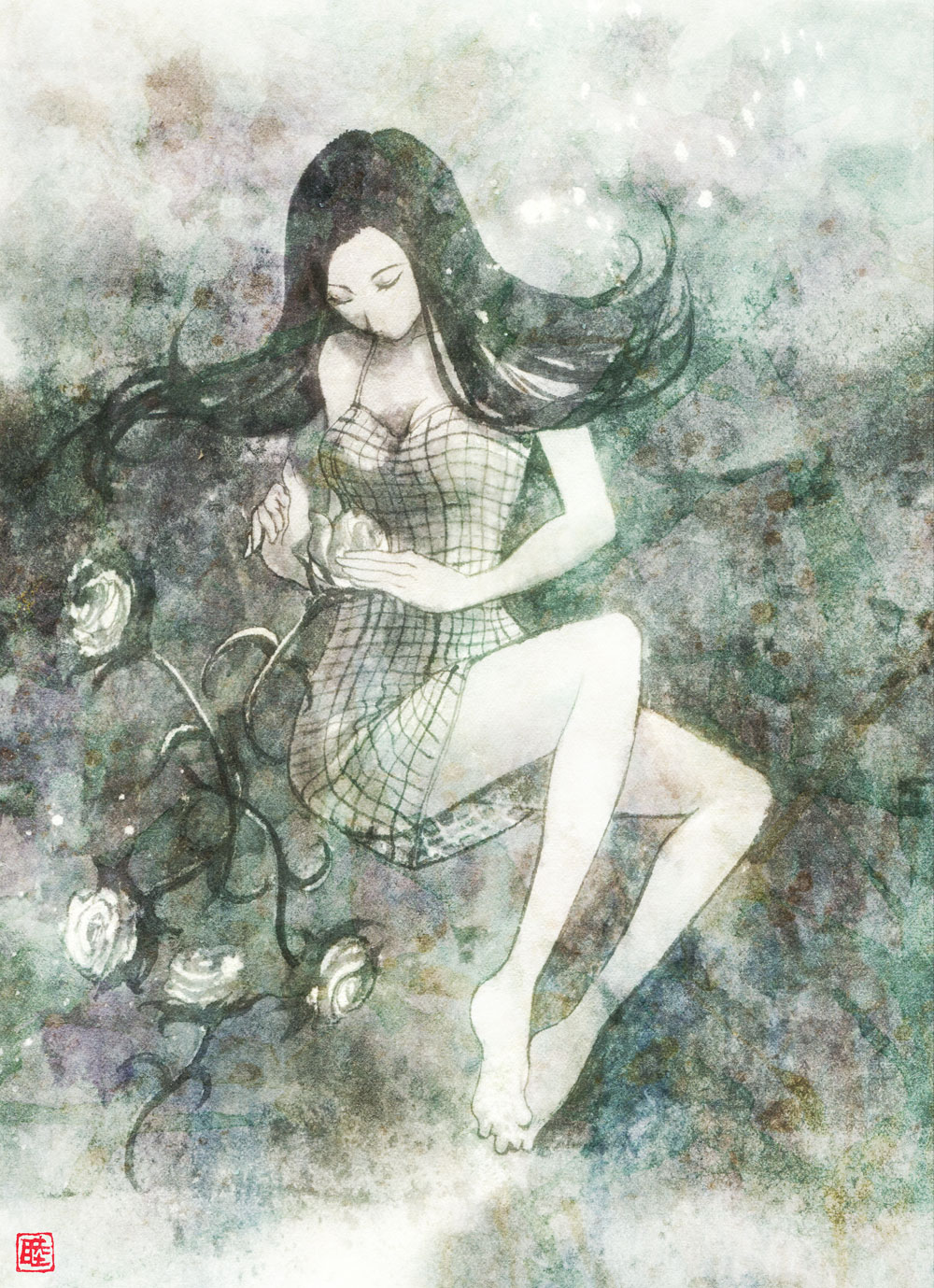 1girl, bad_id, bad_pixiv_id, black_hair, dress, female_focus, flower, highres