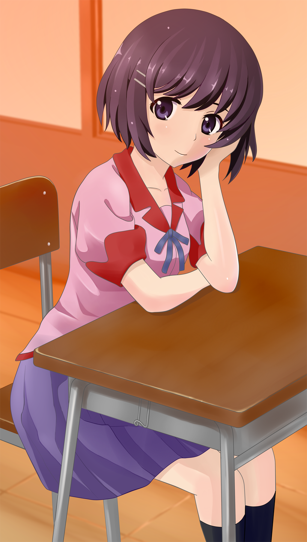 10s, 1girl, chair, desk, female_focus, hair_ornament, hairclip, hanekawa_tsubasa