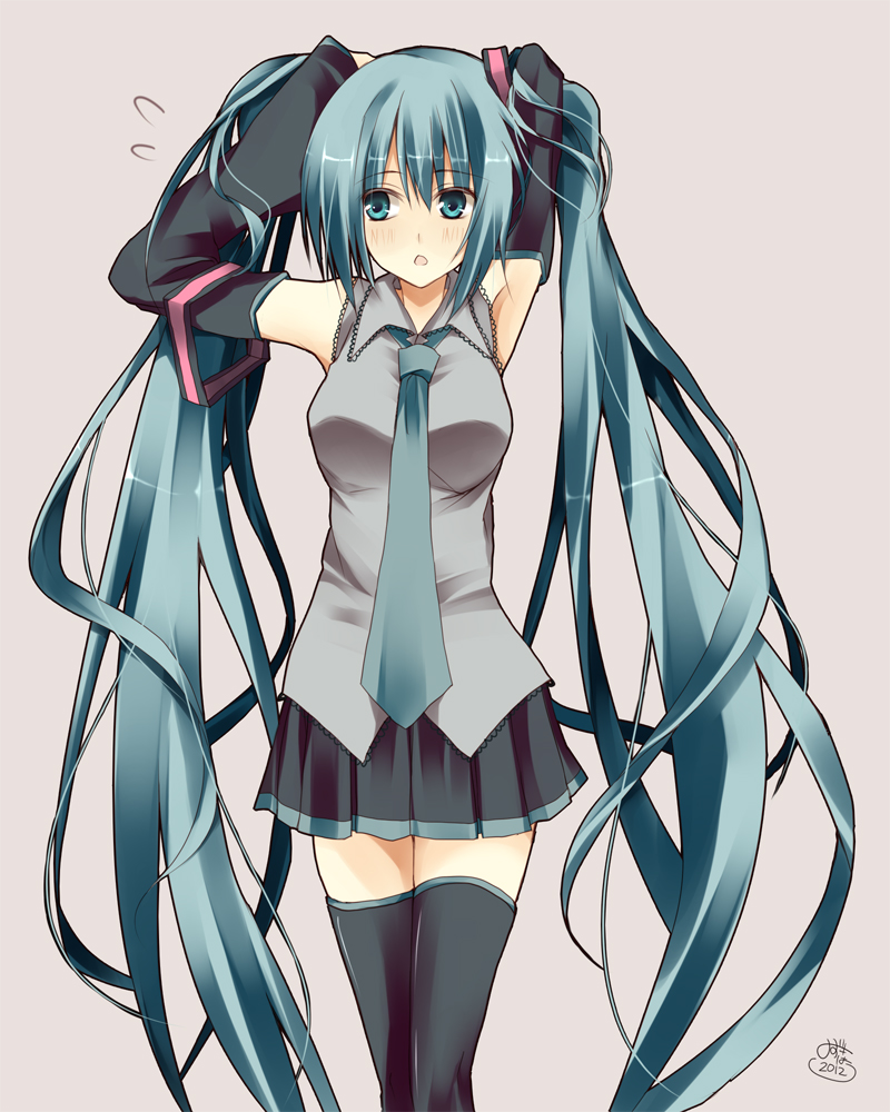 10s, 1girl, 2012, adjusting_hair, aqua_eyes, aqua_hair, arms_up, bad_id