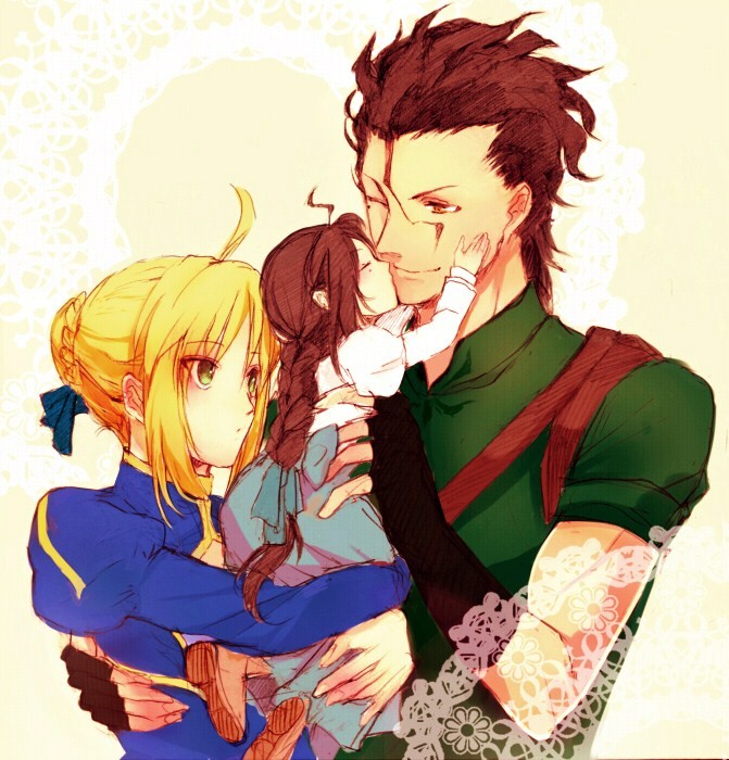 1boy, 2girls, ahoge, artoria_pendragon_(fate), blonde_hair, braid, brown_hair, bun_with_braided_base, child, couple, diarmuid_ua_duibhne_(fate), diarmuid_ua_duibhne_(lancer)_(fate), dress, family, fate/zero, fate_(series), fingerless_gloves, gloves, green_eyes, hair_bun, height_difference, hetero, hug, if_they_mated, kiss, mole, mole_under_eye, multiple_girls, one_eye_closed, saber_(fate), single_braid, wink, youaresober