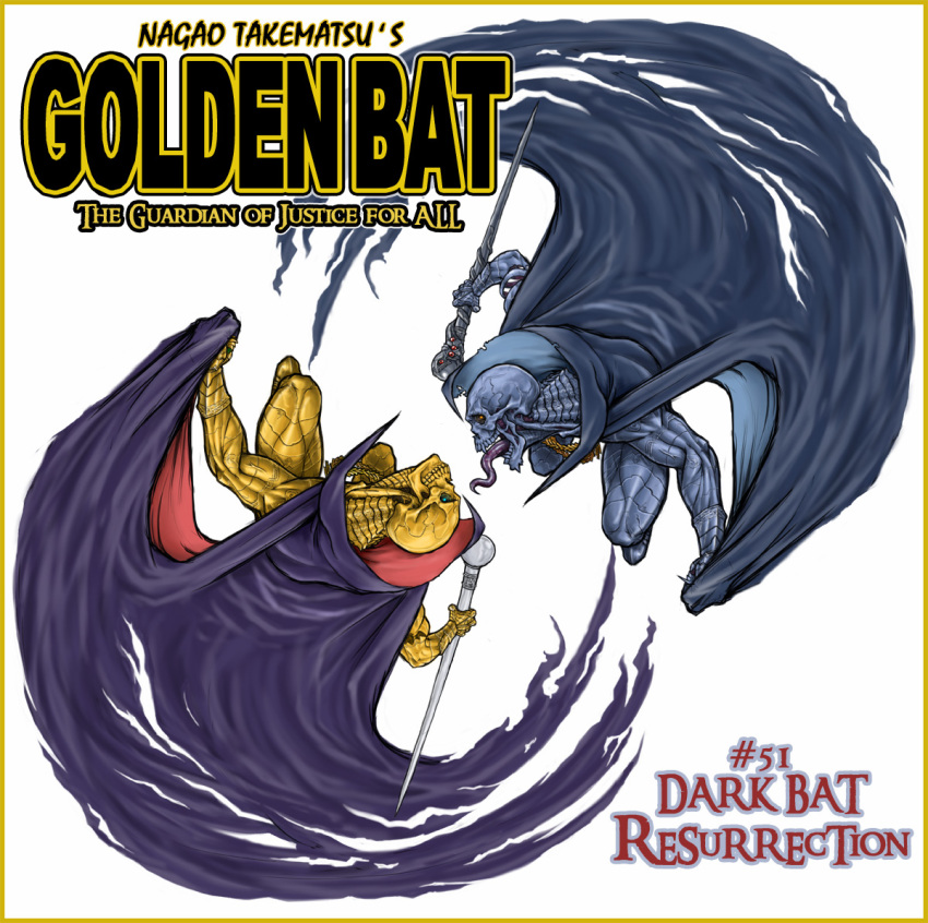 1960s_(style), 2boys, baton, cane, cape, english_text, kurayami_bat, multiple_boys