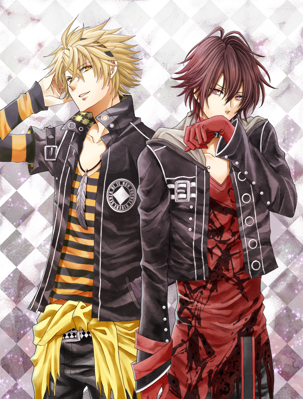 2boys, amnesia_(idea_factory), argyle_background, argyle_clothes, bishounen, blonde_hair, brown_hair, clothes_around_waist