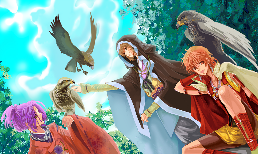 00s, 3boys, bird, brown_eyes, day, falcon, harukanaru_toki_no_naka_de, harukanaru_toki_no_naka_de_3, hinoe_(harukanaru_3), hood, male_focus, multiple_boys, musashibou_benkei_(harukanaru_3), orange_hair, purple_hair, shorts, sitting, sky, smile, taira_no_atsumori, tree, utagedoki