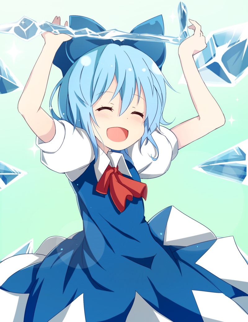 1girl, arms_up, ascot, blue_hair, bow, cirno, closed_eyes, dress