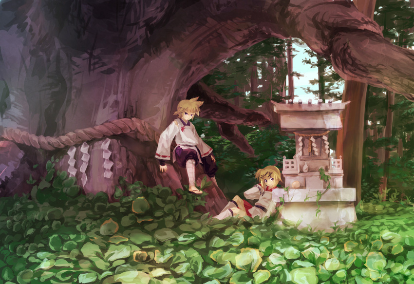 1boy, 1girl, bandages, blonde_hair, blue_eyes, brother_and_sister, detached_sleeves, forest